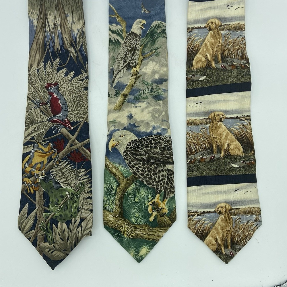 3 Endangered Species Ties Mens 100% Silk African Frogs Bald Eagle Yellow Lab Dog